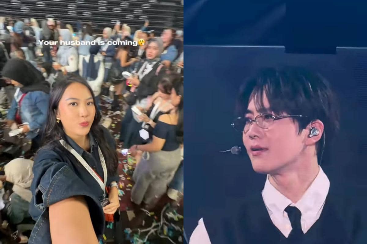 Seorang penonton berpose di tengah kerumunan saat konser EXO PLANET #6 di Jakarta, berdampingan dengan potret penampilan penyanyi di panggung.