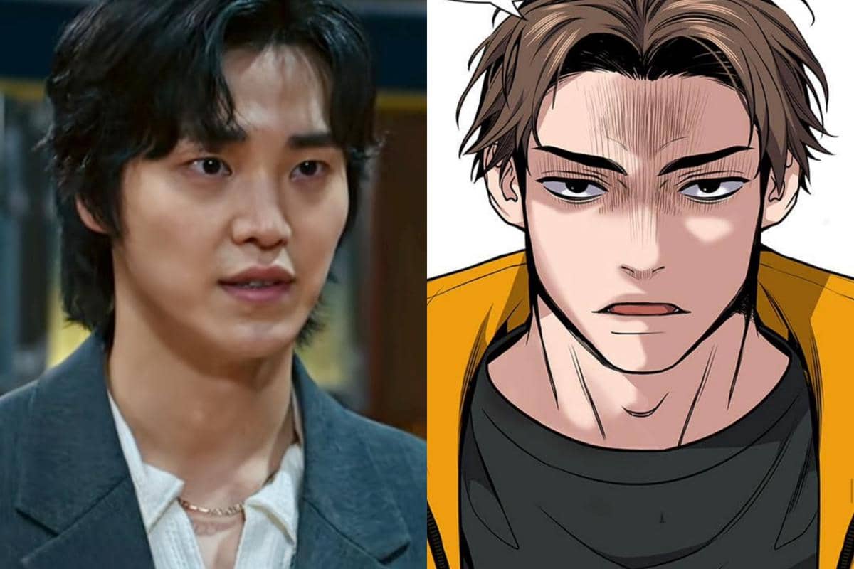 Perbandingan karakter dari drama Korea Teach You a Lesson di Netflix dengan versi webtoon The Real Lesson yang menampilkan ekspresi serius.