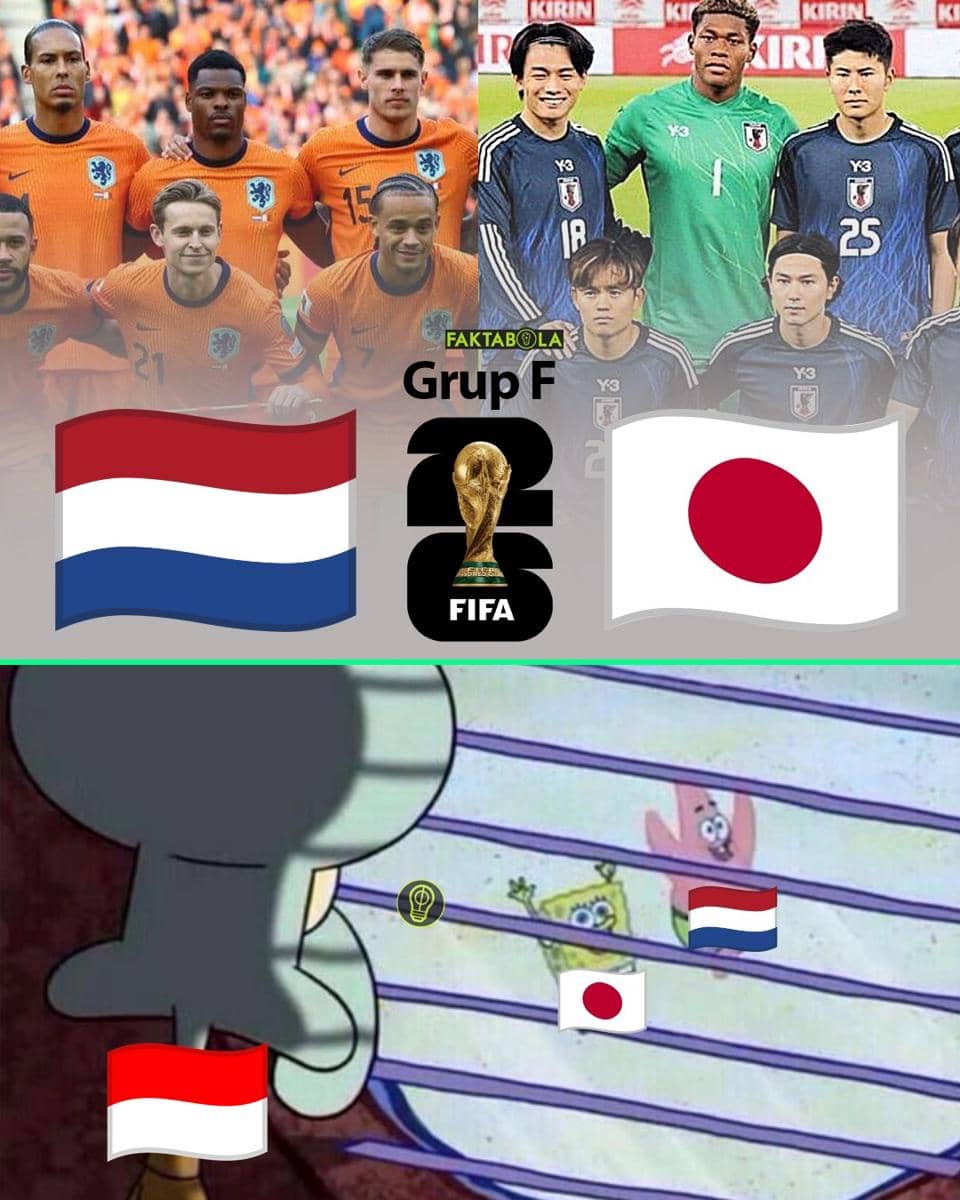 Meme pertandingan Belanda vs Jepang di Piala Dunia 2026 menampilkan foto tim nasional dan ilustrasi karakter kartun dengan bendera negara.