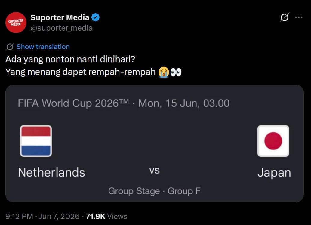 Tangkapan layar unggahan media sosial tentang pertandingan Belanda vs Jepang di Piala Dunia 2026 dengan komentar humor tentang rempah-rempah.