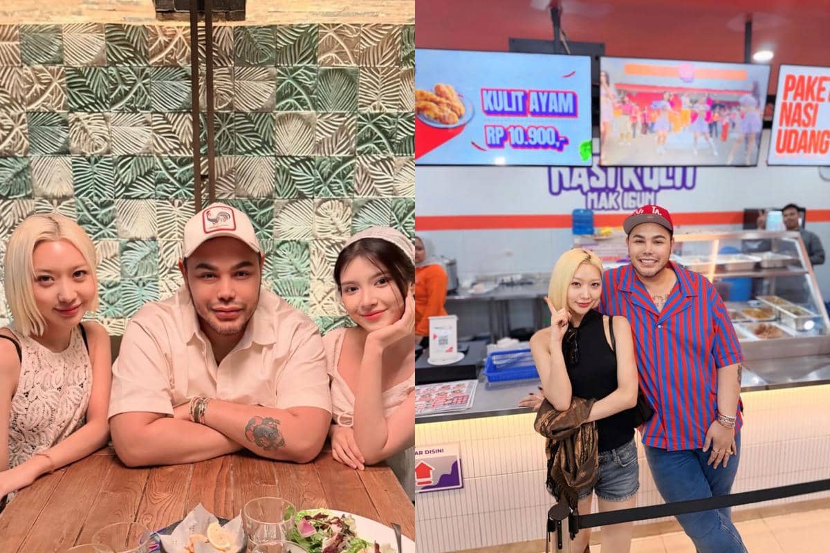 Tiga orang berpose bersama di dua lokasi berbeda, satu di restoran dengan meja kayu dan satu di tempat makan cepat saji dengan latar menu kulit ayam.