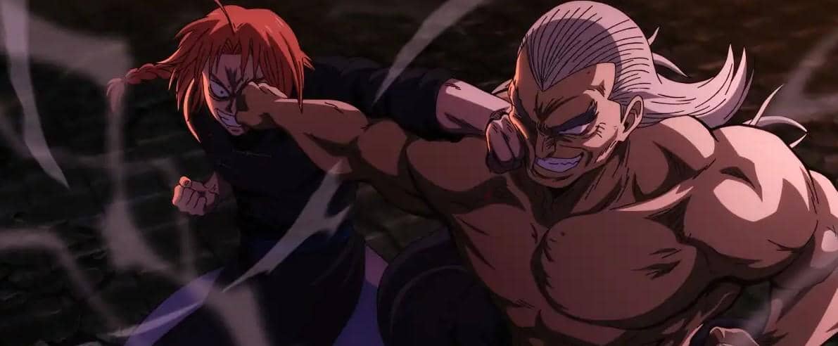 Dua karakter anime bertarung sengit, satu berambut merah meninju pria berotot berambut panjang di adegan Gintama Yoshiwara in Flames Arc.