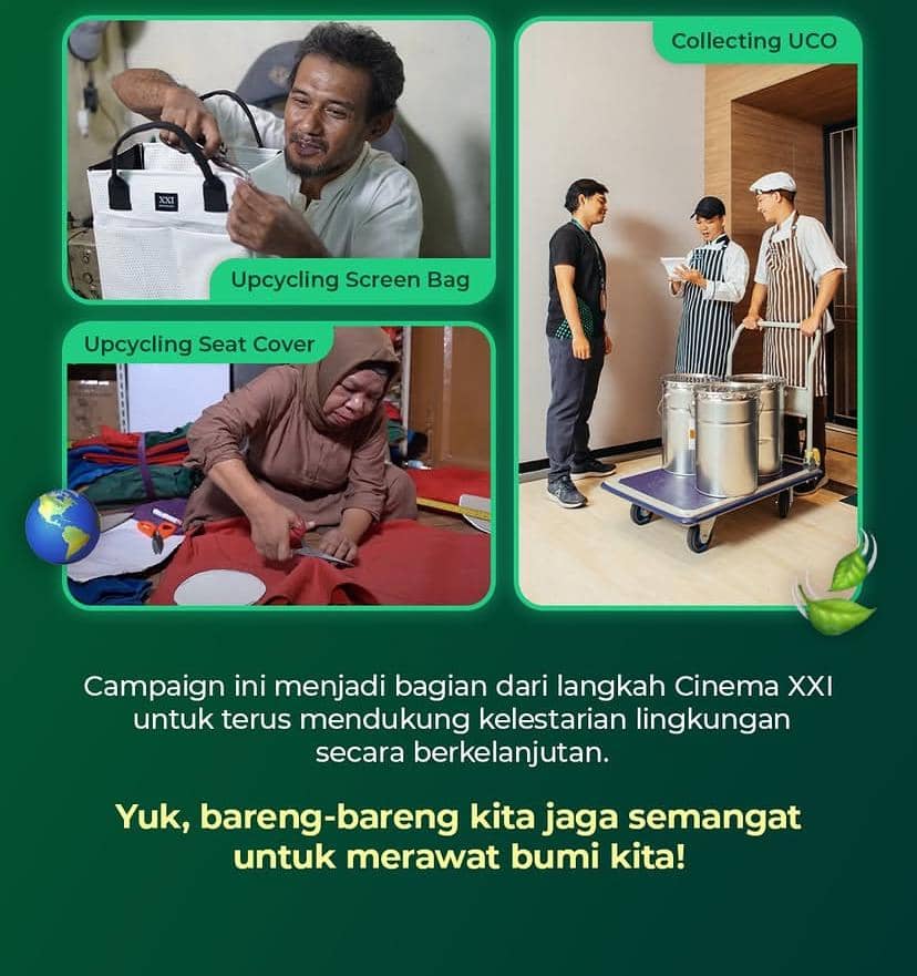 Pekerja membuat tas dari bahan daur ulang layar, menjahit pelapis kursi bekas, dan mengumpulkan minyak jelantah sebagai bagian kampanye lingkungan Cinema XXI.