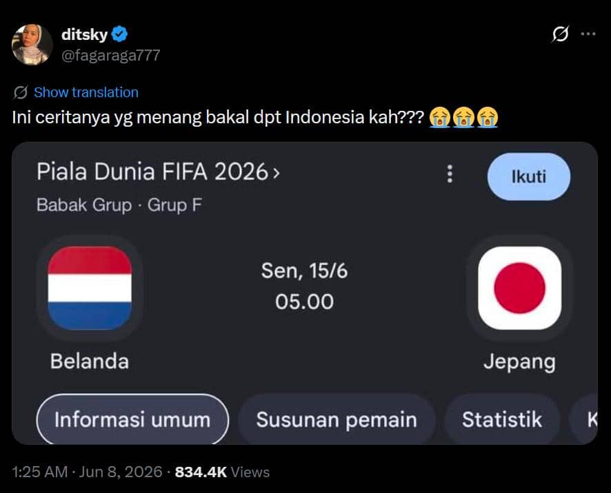 Tangkapan layar meme pertandingan Belanda vs Jepang di Piala Dunia FIFA 2026 dengan komentar lucu dari pengguna media sosial.