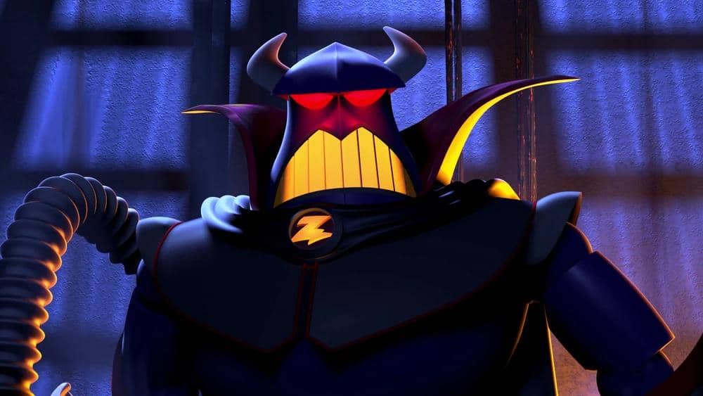 Karakter penjahat berarmor ungu dengan mata merah dan helm bertanduk dari film animasi Toy Story 2 produksi Pixar Animation.