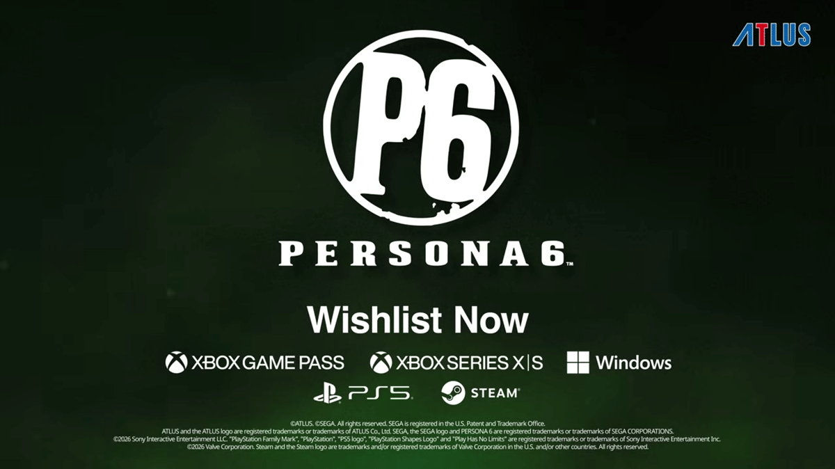 Logo Persona 6 dengan tulisan P6 di tengah latar gelap, menampilkan informasi ketersediaan di Xbox, PlayStation, Windows, dan Steam.