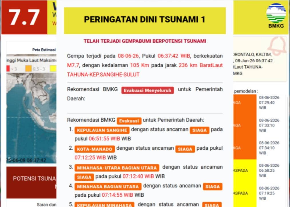 Tangkapan layar peringatan dini tsunami dari BMKG untuk wilayah Sulawesi Utara setelah gempa berkekuatan M7,7 di laut Tahuna.