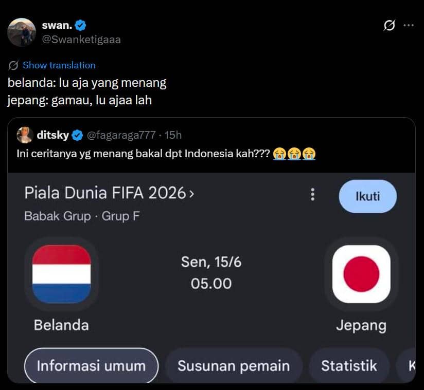 Tangkapan layar meme pertandingan Belanda vs Jepang di Piala Dunia 2026 dengan komentar lucu dari pengguna media sosial di X.