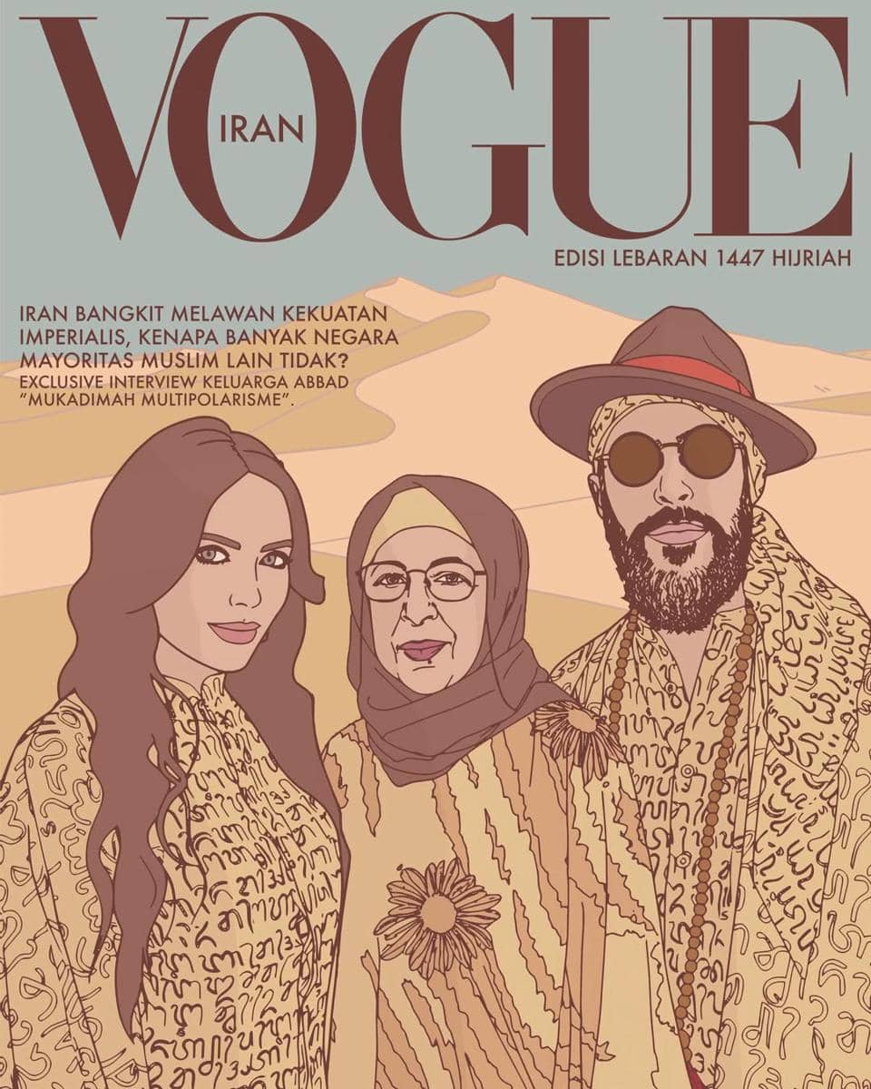 Ilustrasi sampul majalah Vogue Iran edisi Lebaran 1447 Hijriah menampilkan tiga orang berpakaian motif etnik di latar gurun.