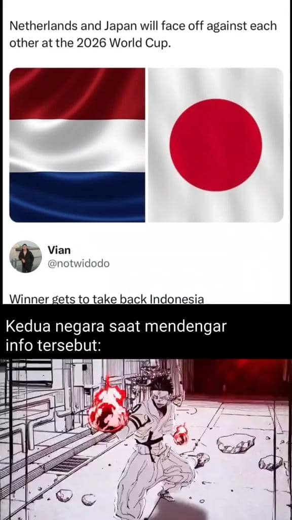 Meme pertandingan Belanda vs Jepang di Piala Dunia 2026 dengan gambar bendera kedua negara dan karakter anime berenergi api.