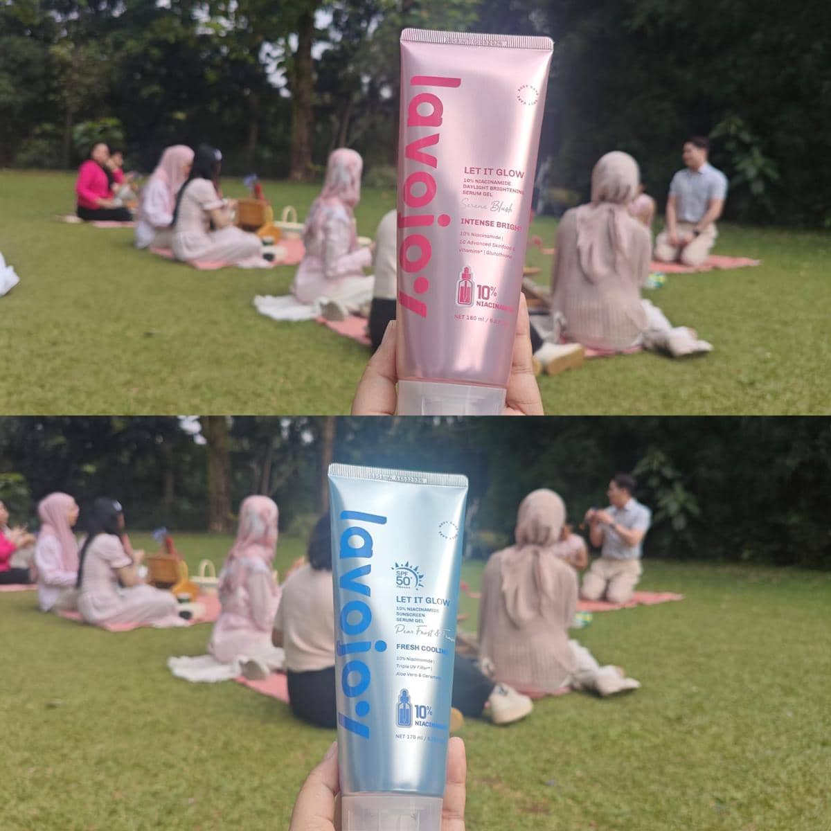 (Atas ke bawah) Let It Glow 10% Niacinamide Daylight Brightening Serum Gel dan Let It Glow 10% Niacinamide Sunscreen Serum Gel SPF 50+ PA+++