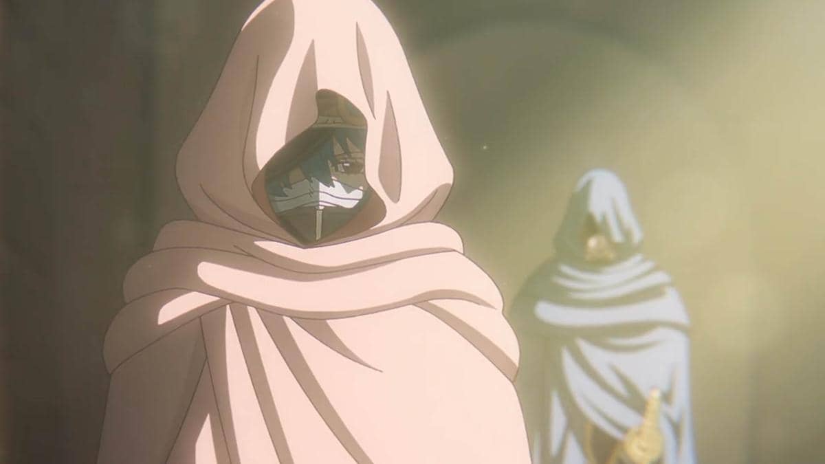 Dua karakter anime mengenakan jubah berkerudung, satu di depan dengan wajah sebagian tertutup dan satu lagi di latar belakang.