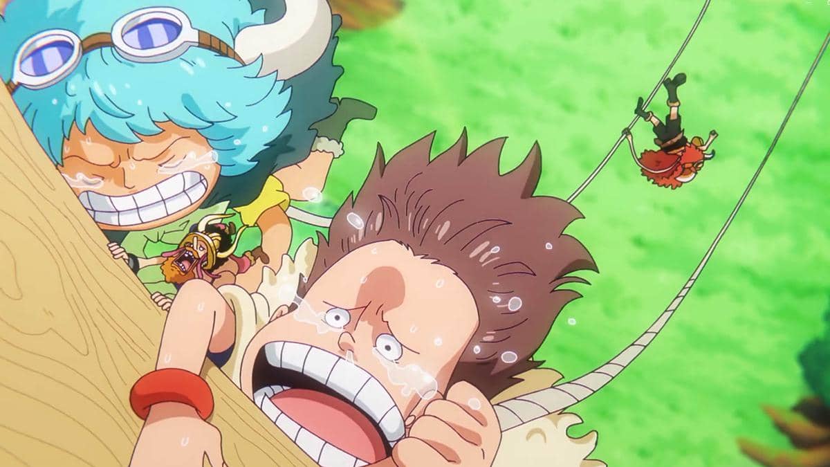 Luffy berayun di tali bersama para raksasa yang tampak ketakutan dan berpegangan erat pada batang pohon di latar hijau cerah.