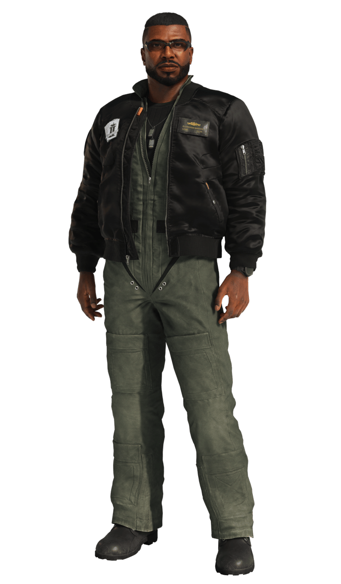 Karakter pria berjaket hitam dan pakaian terbang hijau dari gim Ace Combat 8: Wings of Theve, berdiri dengan latar transparan.