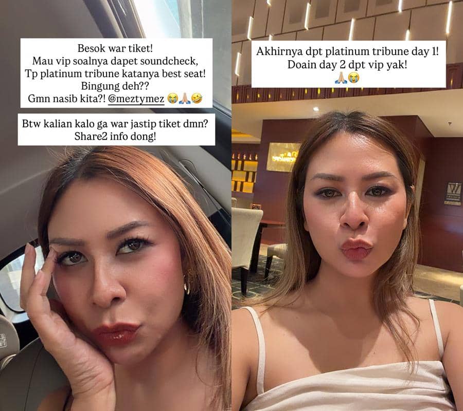 Seorang wanita berpose selfie di dalam mobil dan di sebuah ruangan hotel, membagikan cerita tentang perjuangan mendapatkan tiket konser BTS di Jakarta 2026.