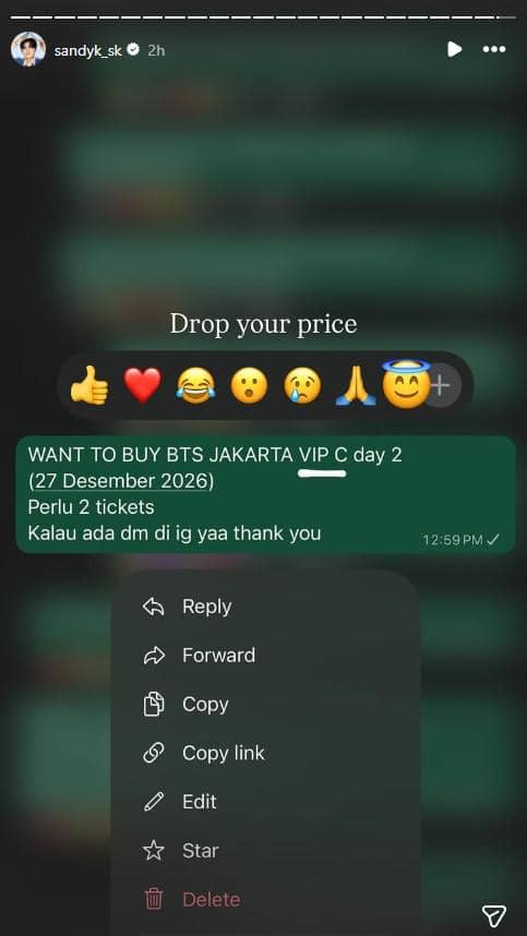 Tangkapan layar Instagram Story berisi pesan seseorang yang mencari dua tiket VIP konser BTS di Jakarta pada Desember 2026.