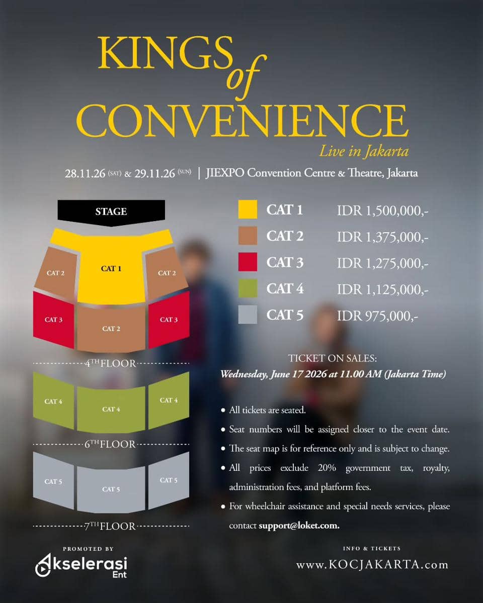 Poster konser Kings of Convenience di Jakarta 2026 dengan informasi harga tiket, kategori tempat duduk, dan jadwal penjualan tiket.