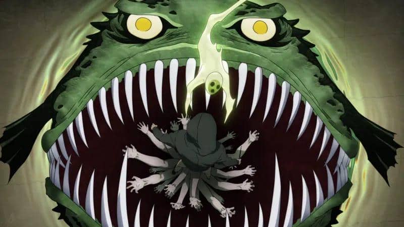 Makhluk besar bergigi tajam dengan mata kuning menganga lebar di hadapan sosok berjubah hitam dengan banyak tangan dari anime Daemons of the Shadow Realm.