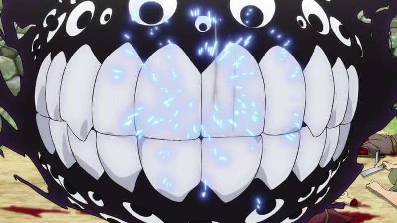 Makhluk hitam besar dengan gigi putih menyala biru dari anime Daemons of the Shadow Realm dalam adegan pertempuran.