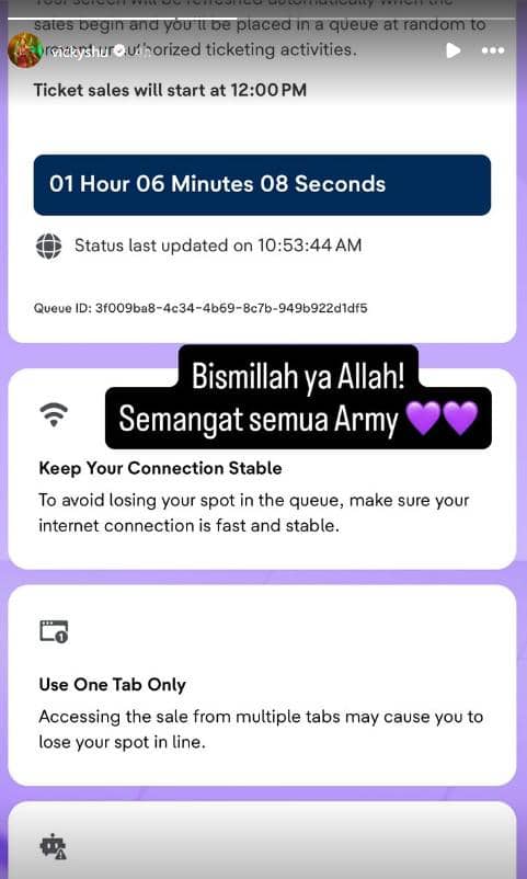 Tangkapan layar antrean pembelian tiket konser BTS di Jakarta 2026 dengan pesan semangat untuk Army disertai ikon hati ungu.
