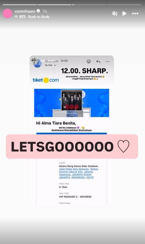Tangkapan layar unggahan Instagram yang menampilkan email konfirmasi pembelian tiket konser BTS di Jakarta tahun 2026 dengan tulisan LETSGOOOOOO.