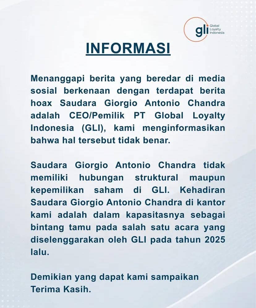 Pernyataan resmi PT Global Loyalty Indonesia yang mengklarifikasi berita hoaks tentang kepemilikan perusahaan oleh Giorgio Antonio Chandra.