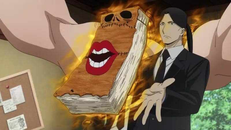 Fuyuki berdiri di samping buku sihir hidup bernama Blacklist yang bersinar dengan aura api dalam adegan anime Daemons of the Shadow Realm.