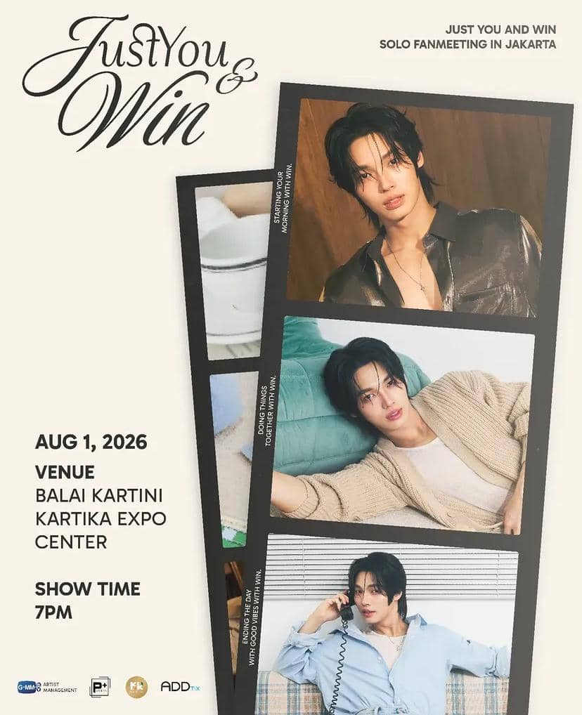 Poster acara fan meeting bertajuk Just You and Win yang menampilkan beberapa foto artis pria dengan jadwal acara di Balai Kartini Jakarta tahun 2026.