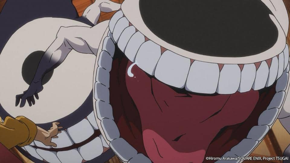Dua makhluk besar dengan mulut lebar dan gigi tajam dari anime Daemons of The Shadow Realm sedang berhadapan dalam adegan intens.