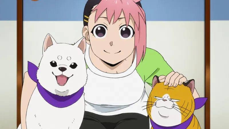 Hana berambut merah muda duduk tersenyum sambil memegang dua hewan peliharaan, seekor anjing putih dan kucing oranye, dari anime Daemons of the Shadow Realm.