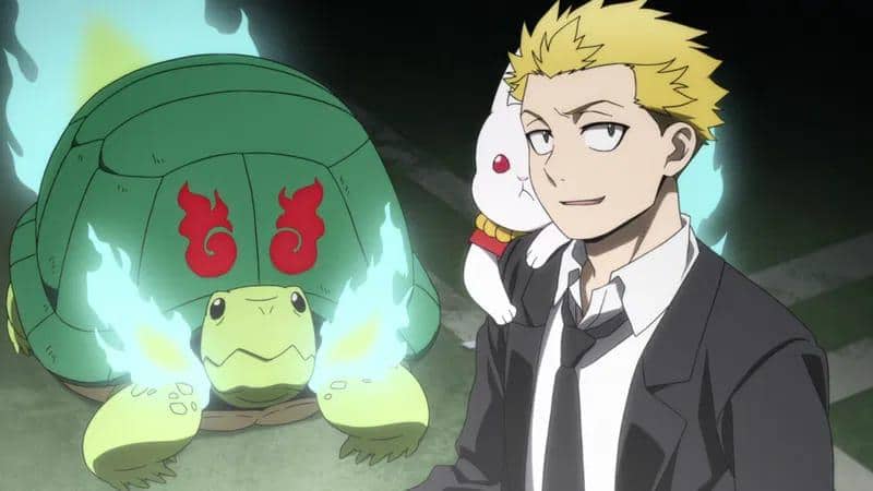 Karakter anime berambut pirang mengenakan setelan hitam bersama kelinci putih dan kura-kura besar bercahaya biru dari Daemons of the Shadow Realm.