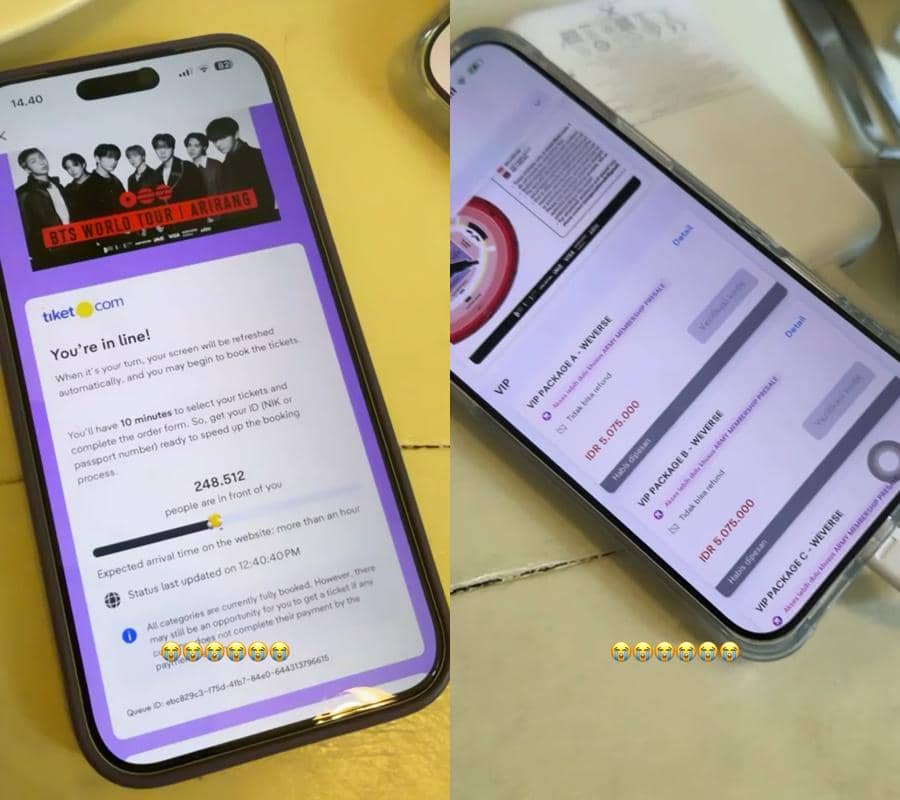 Tampilan layar ponsel menampilkan antrean pembelian tiket konser BTS World Tour di situs tiket.com dengan status menunggu dan harga tiket VIP.