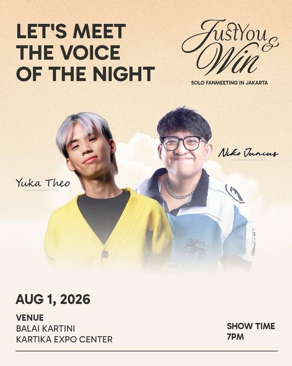 Yuka Theo dan Niko Junius berpose dalam poster acara fan meeting Just You & Win yang akan digelar di Balai Kartini Jakarta pada 1 Agustus 2026.