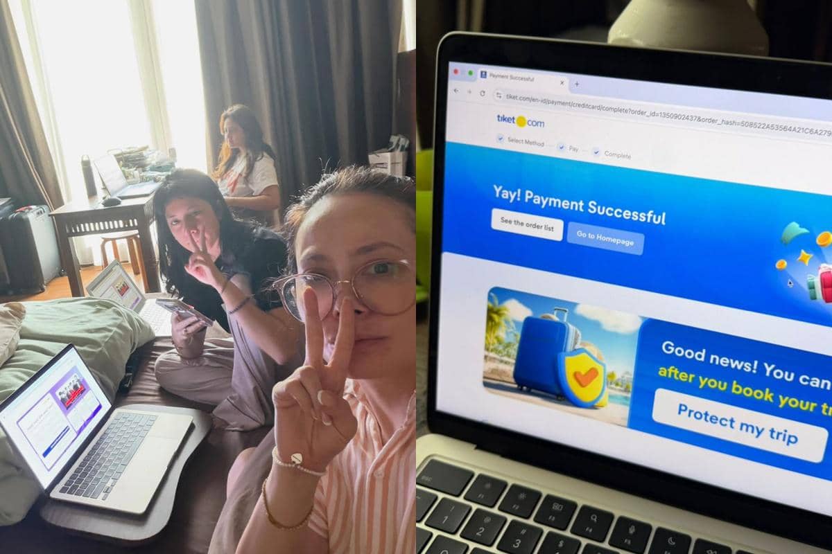 Beberapa orang duduk di kamar dengan laptop dan ponsel, mencoba membeli tiket konser BTS di Jakarta melalui situs tiket online.