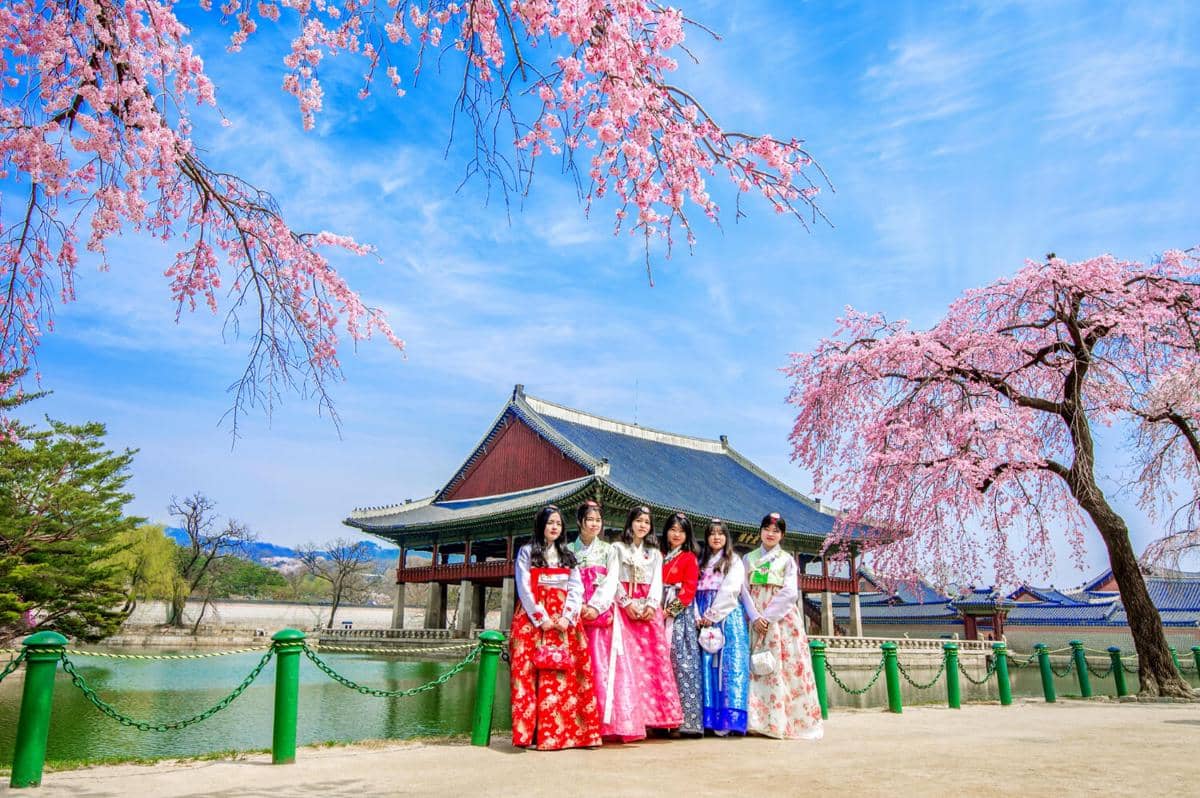 ilustrasi turis mengenakan hanbok