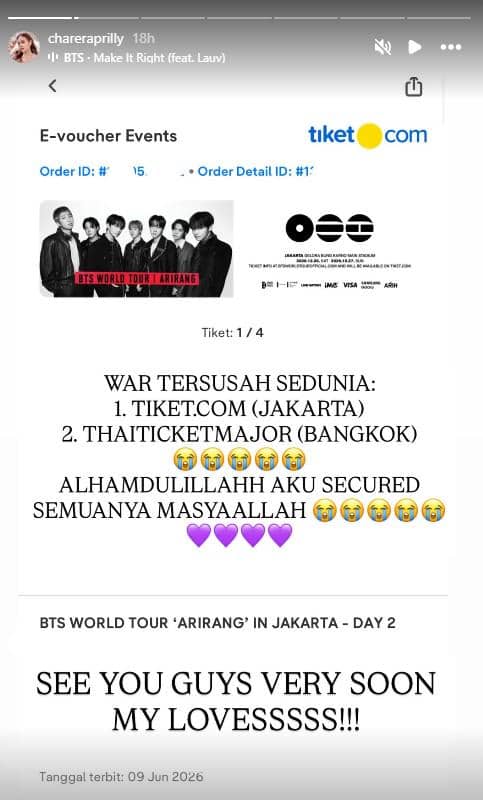Tangkapan layar e-voucher konser BTS World Tour Arirang di Jakarta dari tiket.com dengan tulisan ungkapan kegembiraan berhasil mendapatkan tiket.