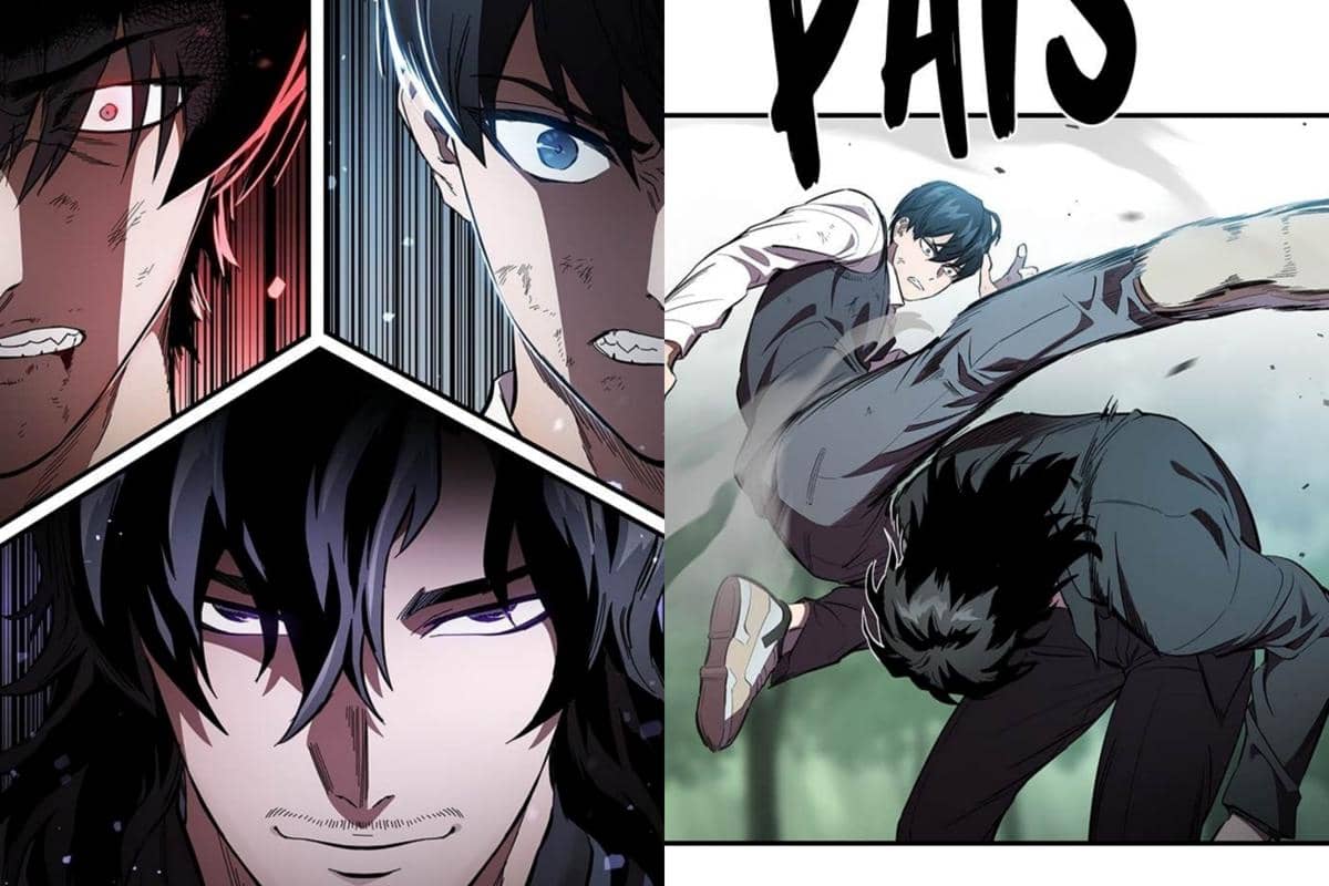 Ilustrasi adegan pertarungan intens antara dua karakter pria dalam webtoon The Great War dengan ekspresi tegang dan aksi tendangan cepat.