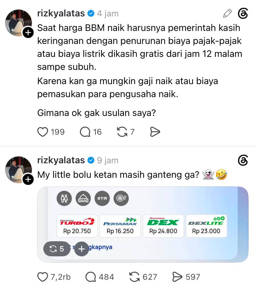 Tangkapan layar dua unggahan Threads dari akun rizkyalatas membahas kenaikan harga BBM dan menampilkan daftar harga Pertamina.