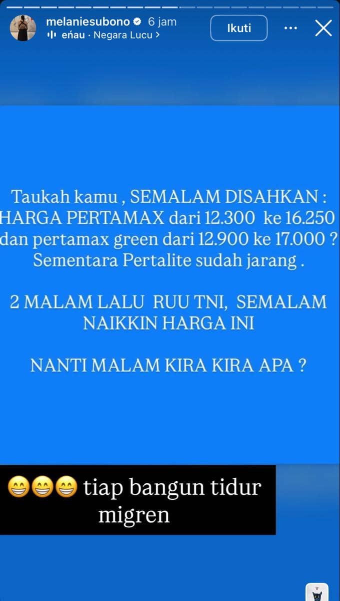 Unggahan Instagram berlatar biru berisi teks tentang kenaikan harga Pertamax dan Pertamax Green serta komentar tentang kondisi terkini.
