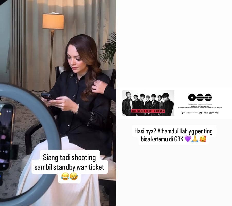 Seorang wanita mengenakan busana hitam sedang memegang ponsel saat proses syuting sambil mencoba membeli tiket konser BTS di Jakarta 2026.