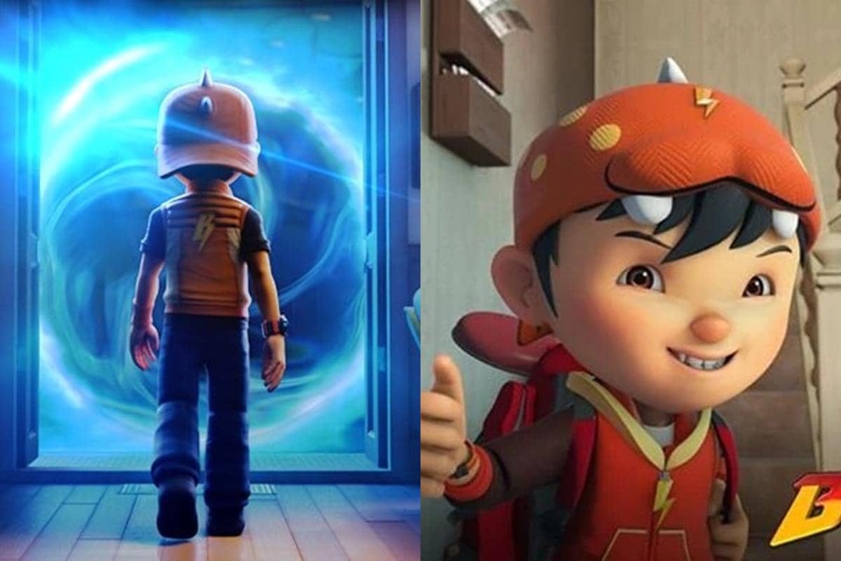 Karakter animasi Boboiboy mengenakan topi oranye dan jaket dengan logo petir, berdiri di depan portal bercahaya biru dan tersenyum percaya diri.
