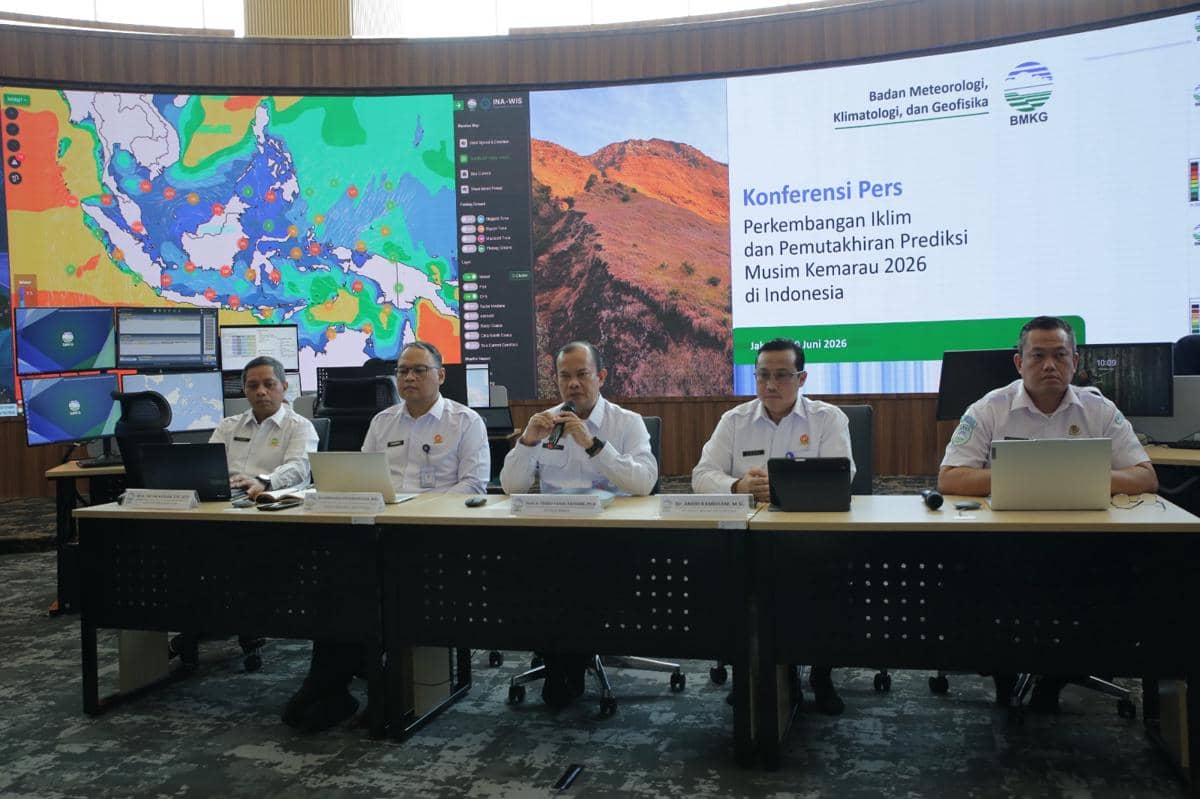 Konferensi Pers Perkembangan Iklim dan Pemutakhiran Prediksi Musim Kemarau 2026 di Indonesia.