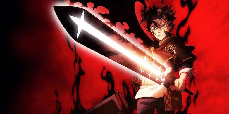 Asta dari anime Black Clover memegang pedang besar bercahaya dengan aura Anti-Magic berwarna hitam dan latar merah menyala.