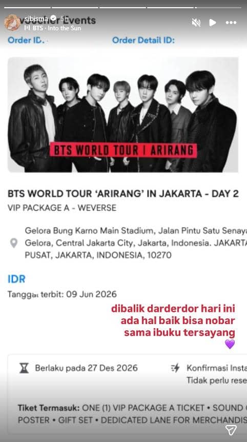 Tangkapan layar bukti pemesanan tiket konser BTS World Tour ‘Arirang’ di Jakarta tahun 2026 dengan tulisan tambahan dari pengguna Instagram.