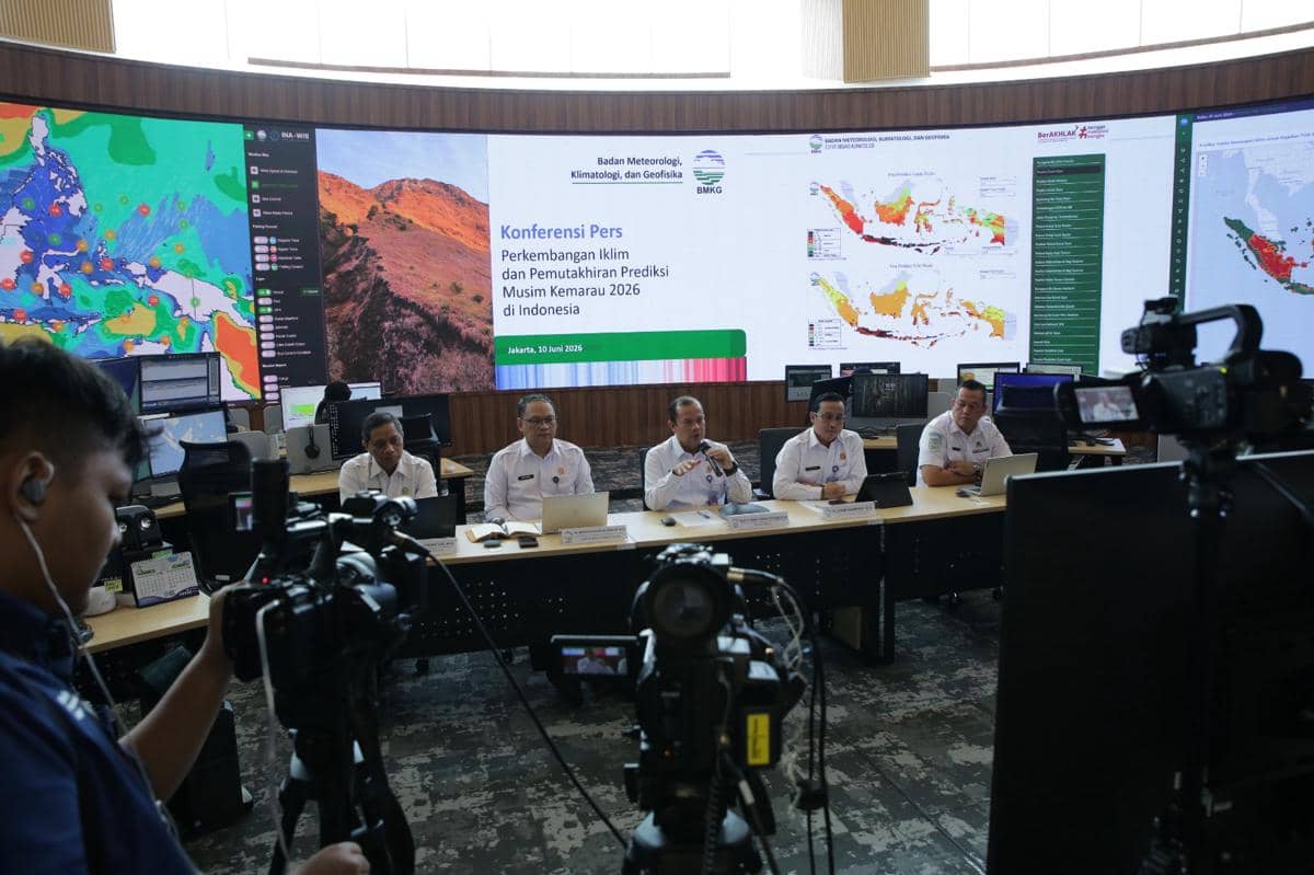 Konferensi Pers Perkembangan Iklim dan Pemutakhiran Prediksi Musim Kemarau 2026 di Indonesia.