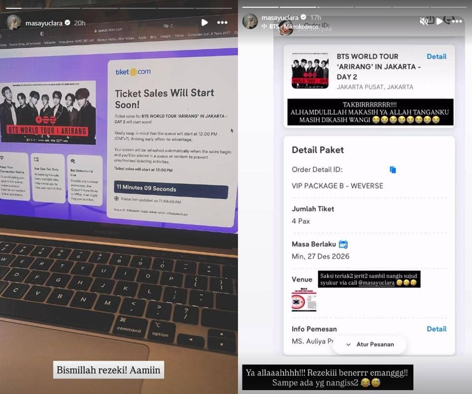 Tangkapan layar proses pembelian tiket konser BTS World Tour Arirang di Jakarta 2026 melalui situs tiket.com dengan detail pemesanan VIP Package B.