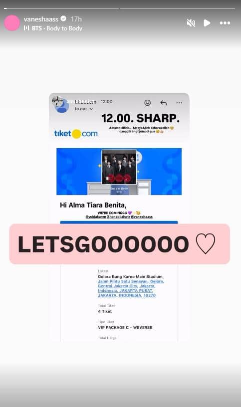 Tangkapan layar unggahan Instagram menampilkan email konfirmasi pembelian tiket konser BTS di Jakarta 2026 dengan tulisan LETSGOOOOO dan emoji hati.