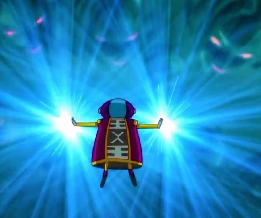 Zeno dari Dragon Ball Super memancarkan cahaya energi biru terang dari kedua tangannya dengan latar belakang aura bercahaya.