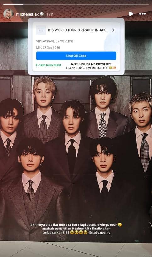Tangkapan layar unggahan Instagram menampilkan tiket konser BTS World Tour 'Arirang' di Jakarta tahun 2026 dan foto grup tujuh anggota BTS mengenakan setelan jas.