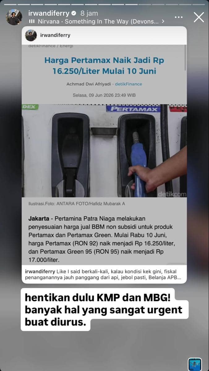 Tangkapan layar unggahan Instagram menampilkan berita kenaikan harga Pertamax menjadi Rp16.250 per liter mulai 10 Juni disertai komentar pengguna.